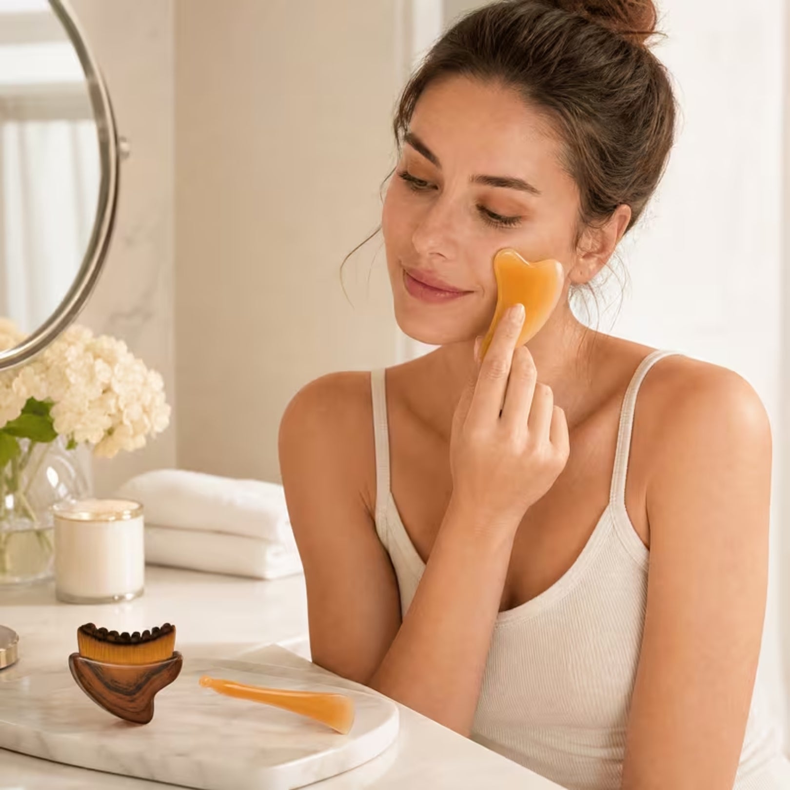 Kit de Masaje Facial 3 Piezas Gua Sha, Cepillo de Contorno, Masajeador para Skincare y Drenaje Facial