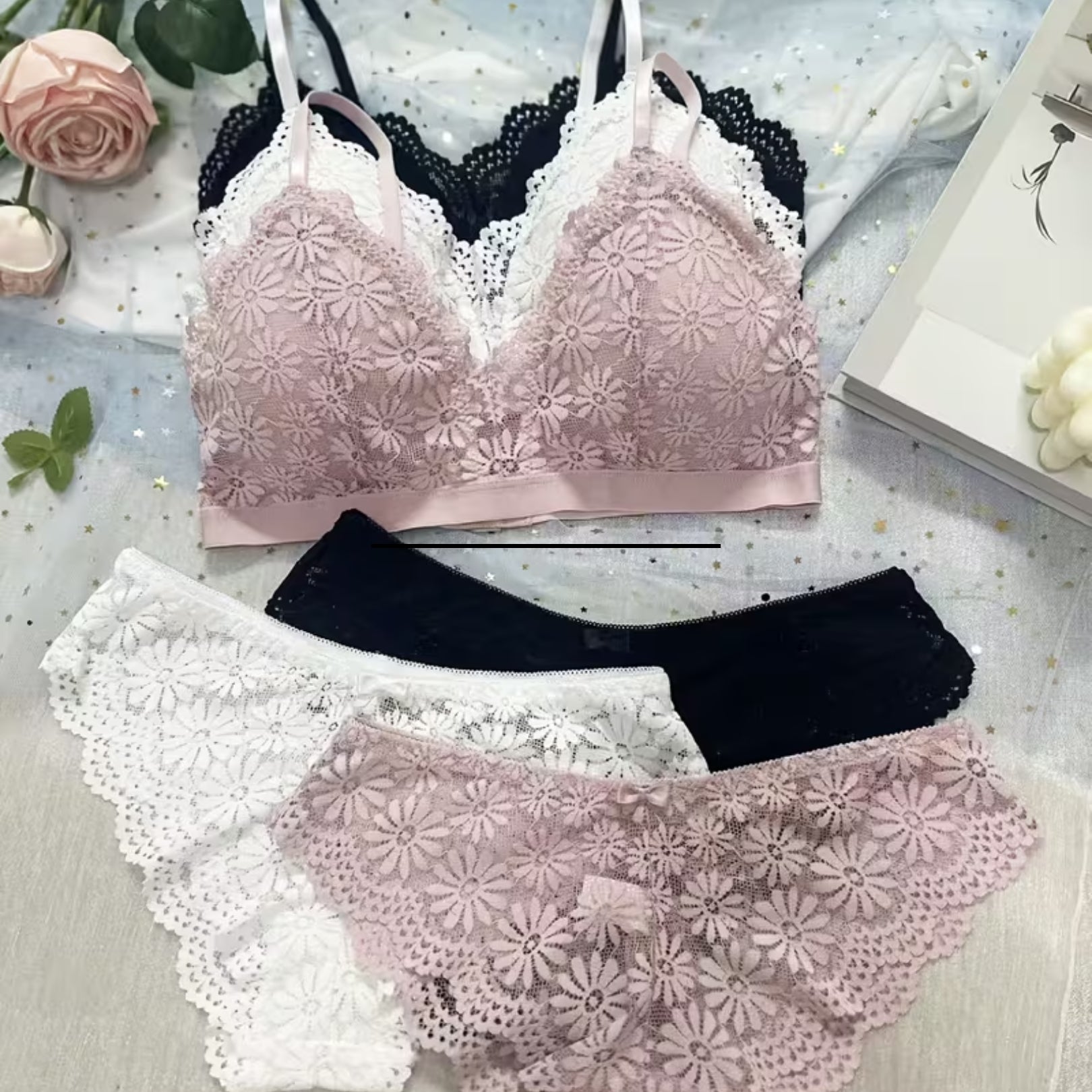 Conjunto de Lencería Floral de Encaje para Mujer x6 Piezas