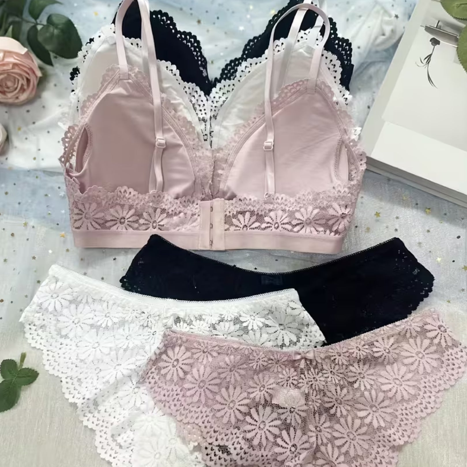 Conjunto de Lencería Floral de Encaje para Mujer x6 Piezas