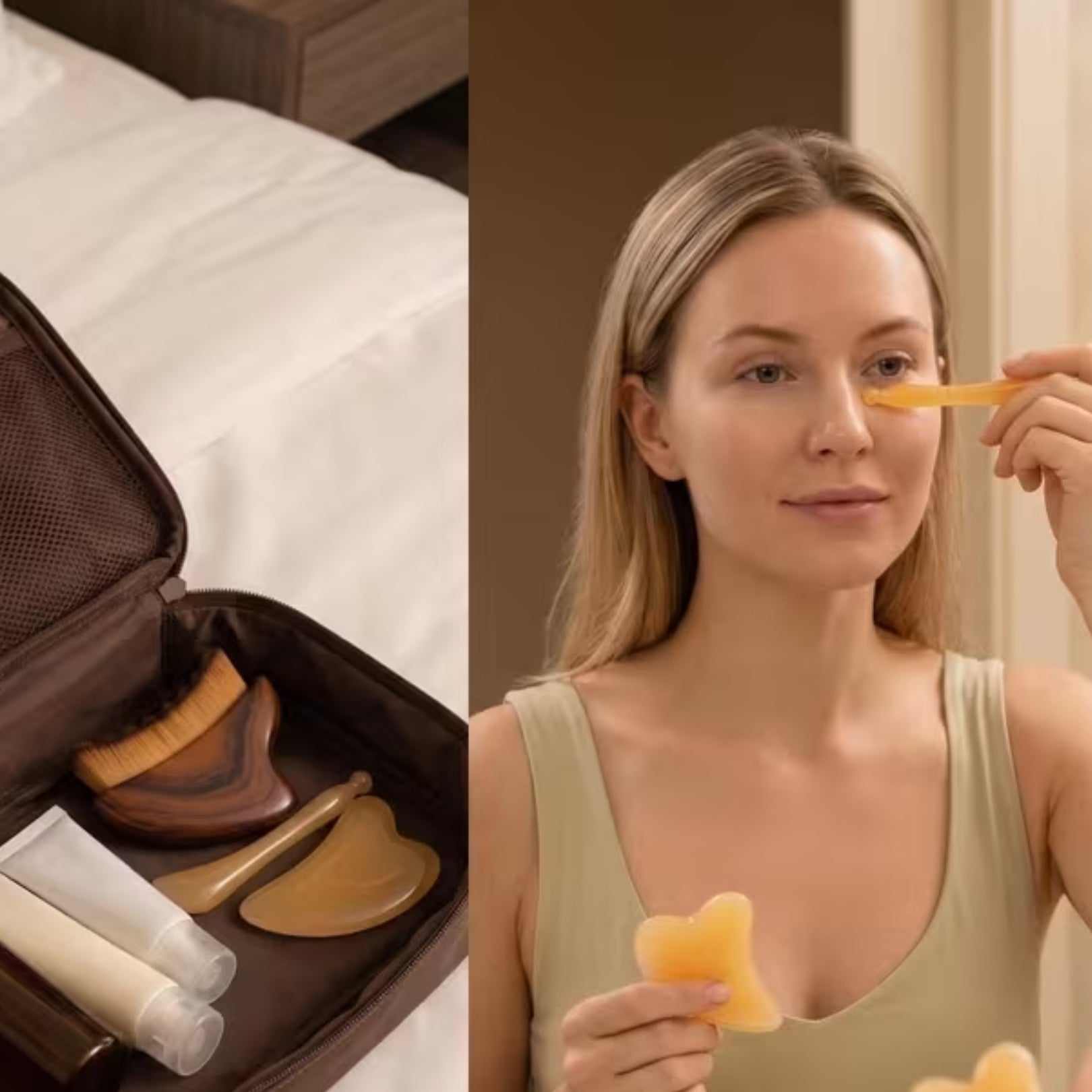 Kit de Masaje Facial 3 Piezas Gua Sha, Cepillo de Contorno, Masajeador para Skincare y Drenaje Facial
