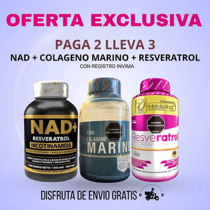 Pack paga 2 lleva 3  NAD+ COLAGENO MARINO + RESVERATROL