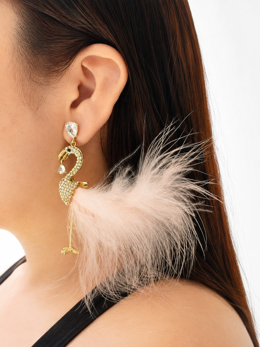 Arete De Pluma Rosada En Forma De Flamenco Dorado Con Piedras