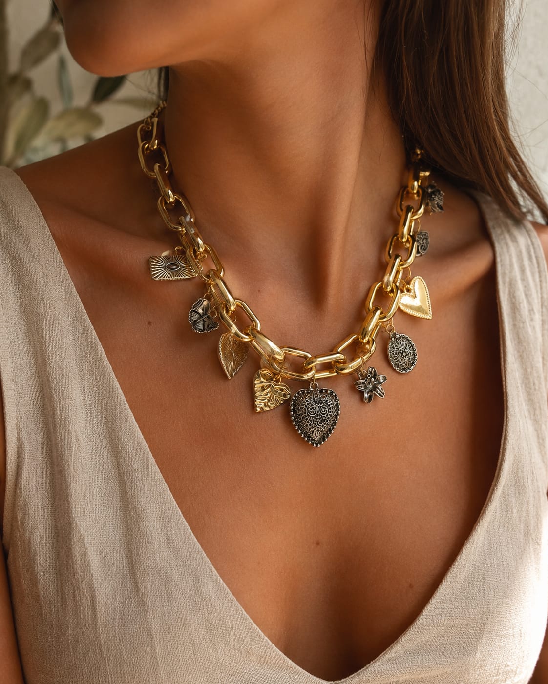 Collar dorado en cadenas con dijes