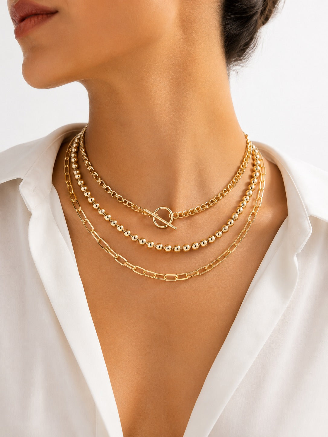 Collar Dorado Tres piezas con Eslabones - Esferas con Cierre Circular