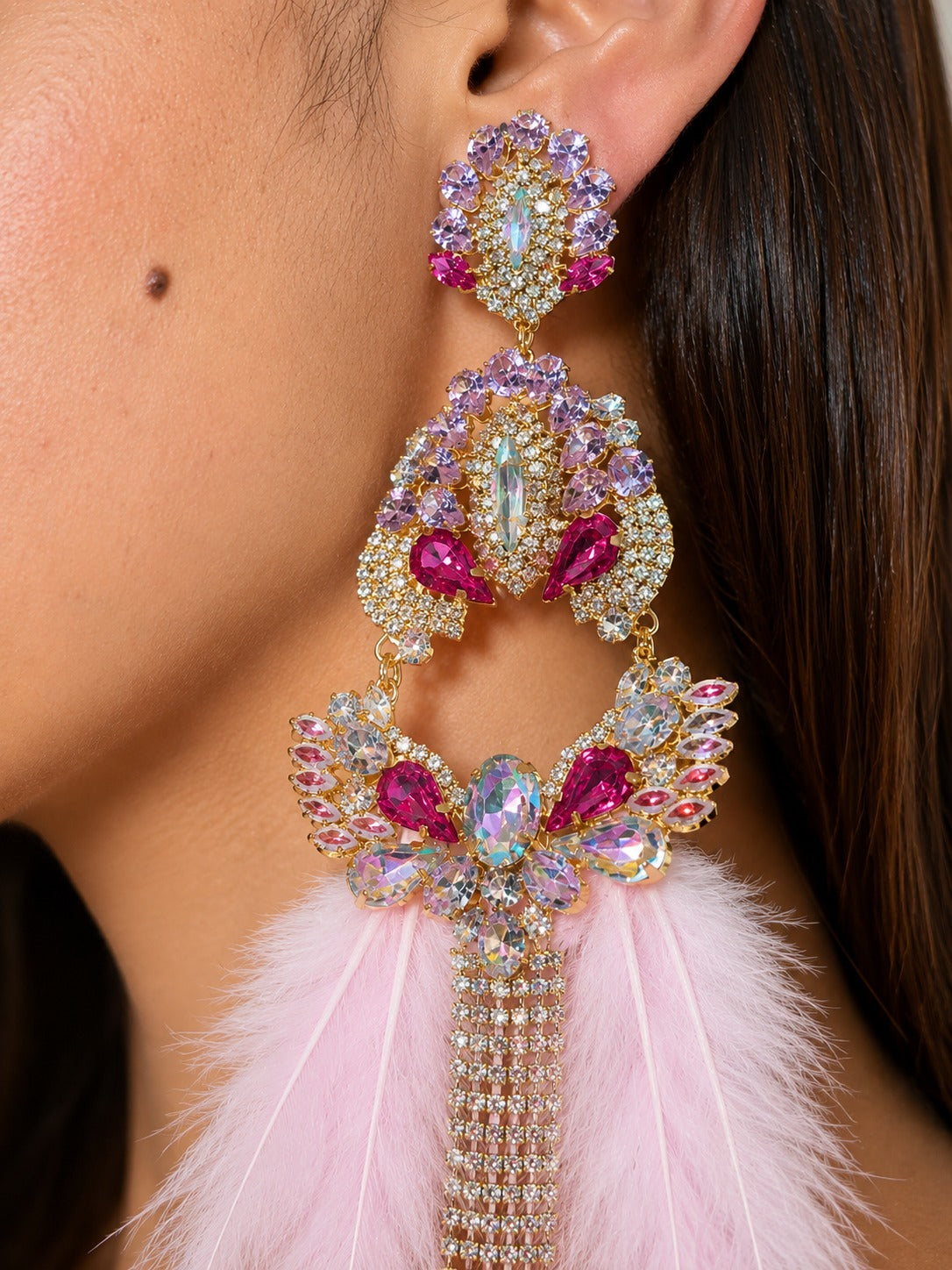 Aretes Largos De Plumas Rosadas Con Cristales Y Piedreria