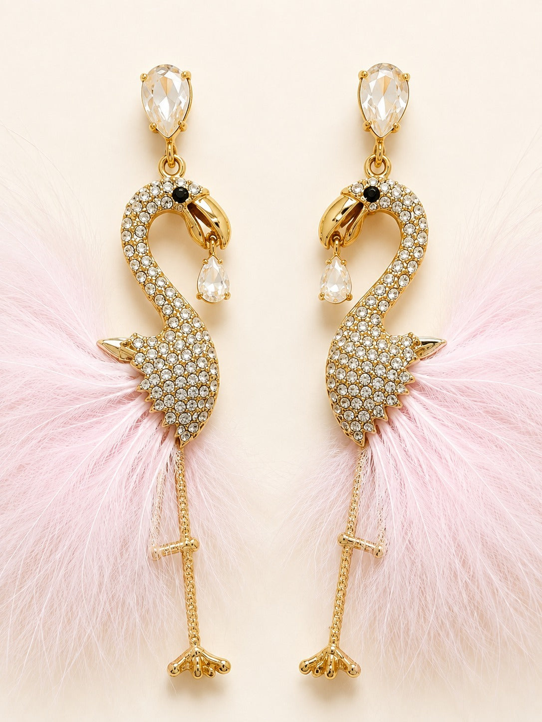 Arete De Pluma Rosada En Forma De Flamenco Dorado Con Piedras