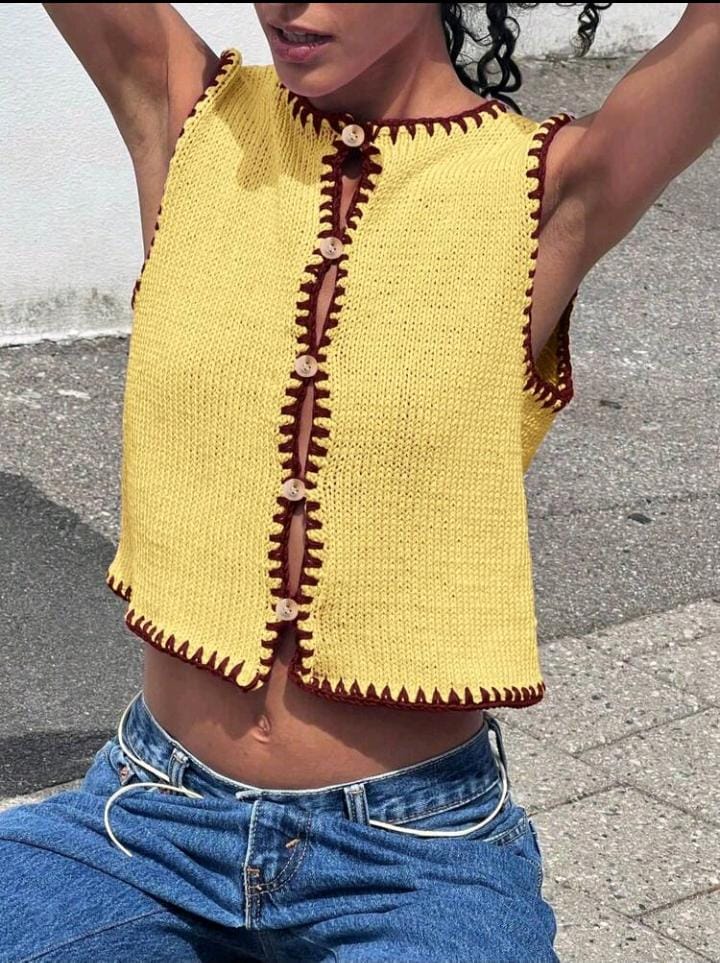 Blusa Tejida sin Mangas con Botones Y Detalles Marrón