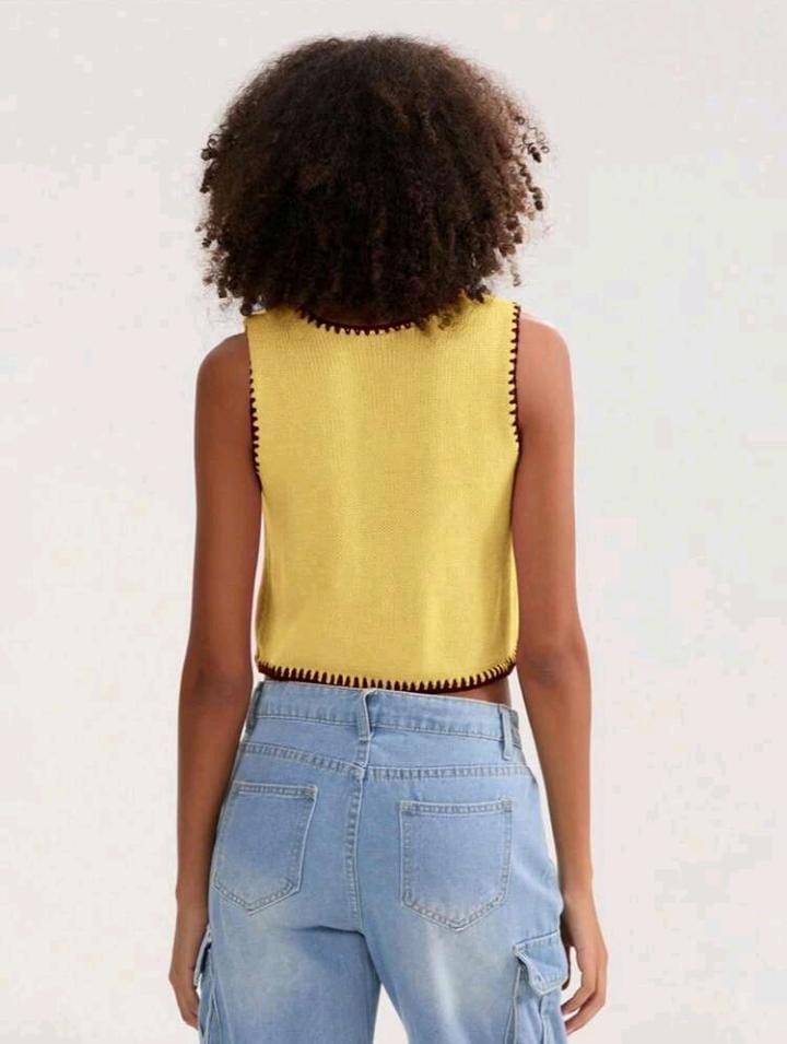 Blusa Tejida sin Mangas con Botones Y Detalles Marrón