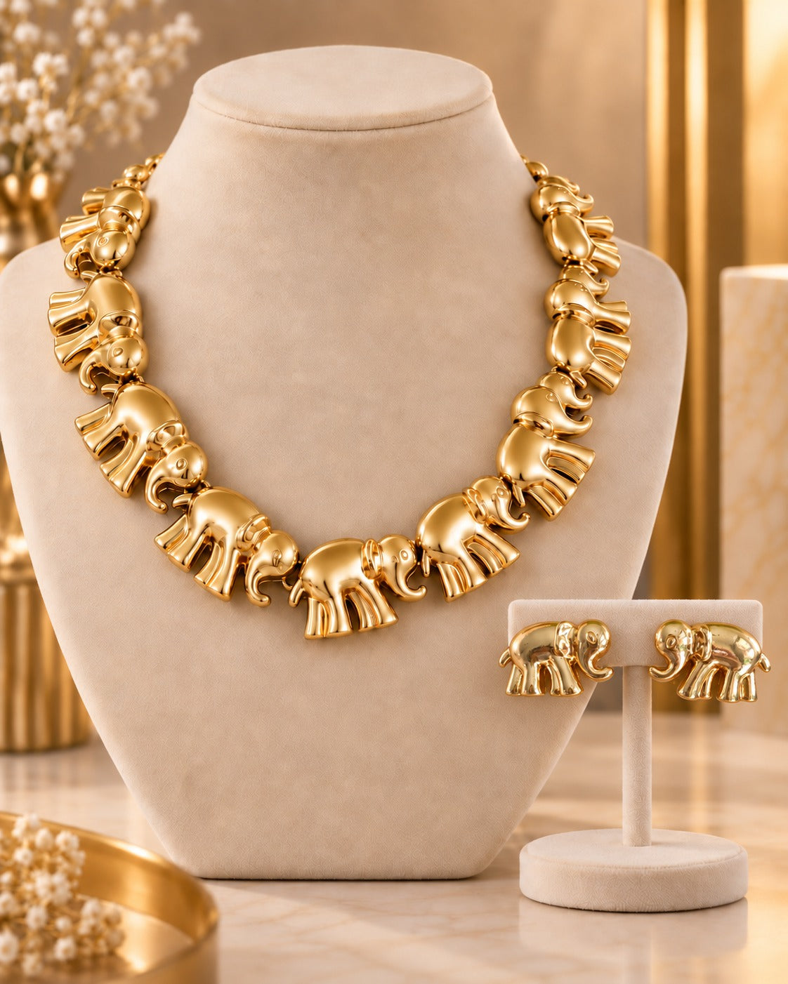 Set de collar y Aretes de Elefante Dorados